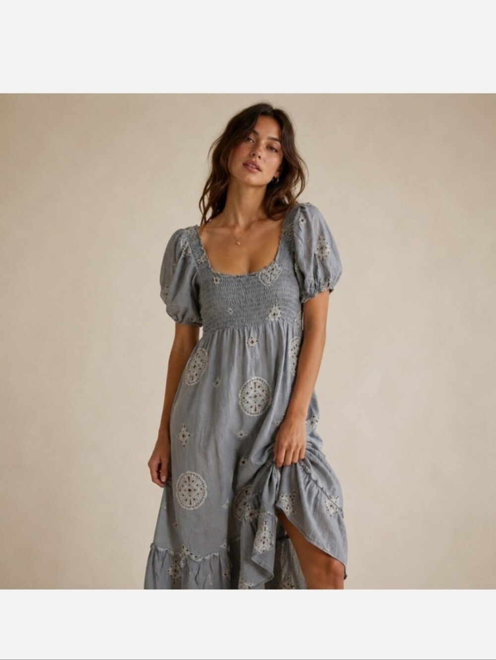 BOHME_ Cottagecore Dusty Blue Grey Boho Chic Smocked Puff Peasant Dress